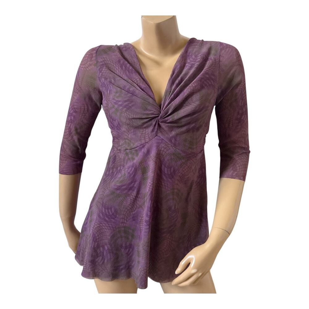 Lucy + Fiona Top Womens Large Purple Twist Front 3/4 Sleeve Stretch V Neck Tunic